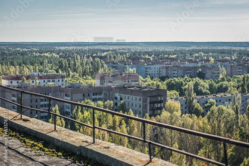Aerial view from 16-story residential building in Pripyat ghost city in Chernobyl Exclusion Zone, Ukraine