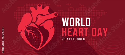 World heart day - Red heart human with heart shape symbol on dark red dot map world and lines curve texture background vector design