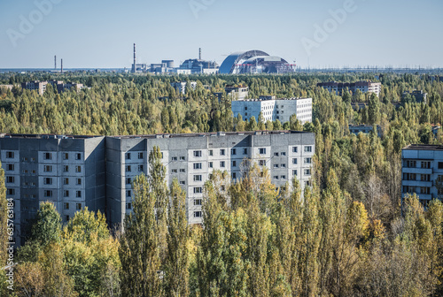 View from roof of 16-storied apartment house in Pripyat ghost city in Chernobyl Exclusion Zone, Ukraine photo