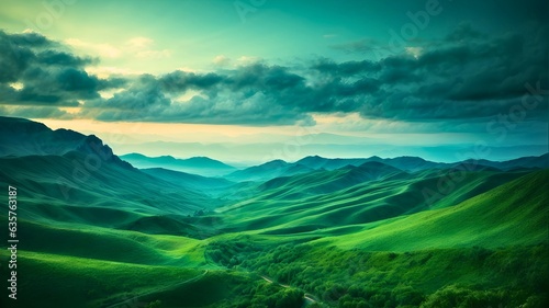 Beautiful landscape of green hills, sky and clouds at sunset. Rural scenery background. Illustration of nature and environment concept © Matcha