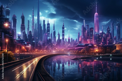 Futuristic night city Cityscape on a dark background with bright and glowing neon purple and blue lights Cyberpunk and retro wave style illustration Generative AI