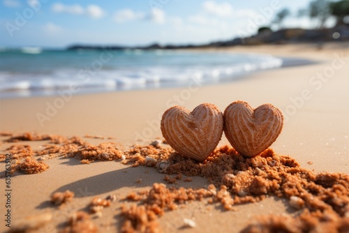 Heartfelt connection Two handwritten hearts on sandy beach, framed by tropical backdrop Generative AI photo