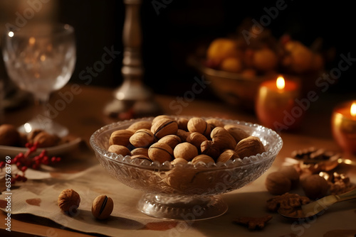 close up nuts, in a bowl, add a festive touch to the table