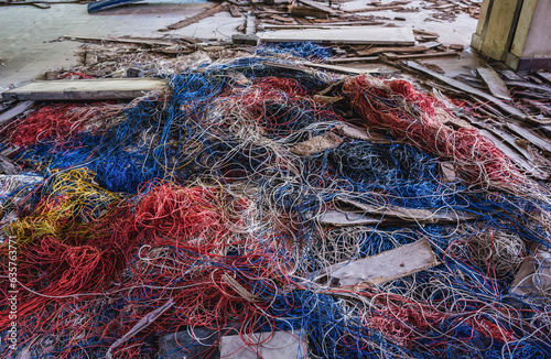 Old cables in hotel in so called Bay of Abandoned Hotels in Kupari village, Croatia photo