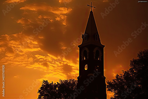 Silhouette of a Church Against the Golden Light Sky - Generative AI Stock Illustration