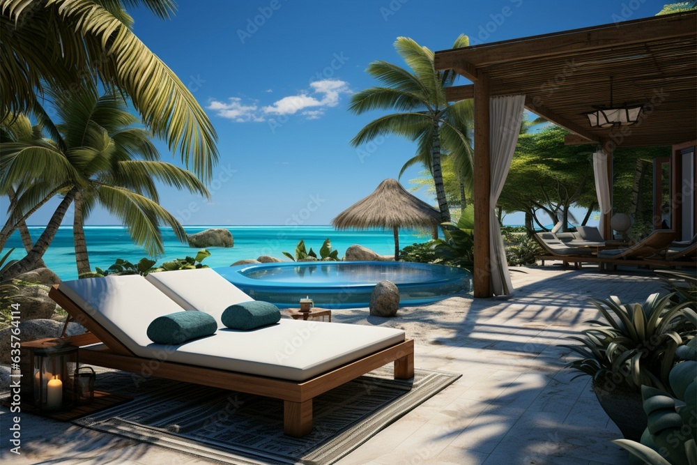 Island getaway deal 3D holiday sale template featuring beach motifs and pool allure Generative AI