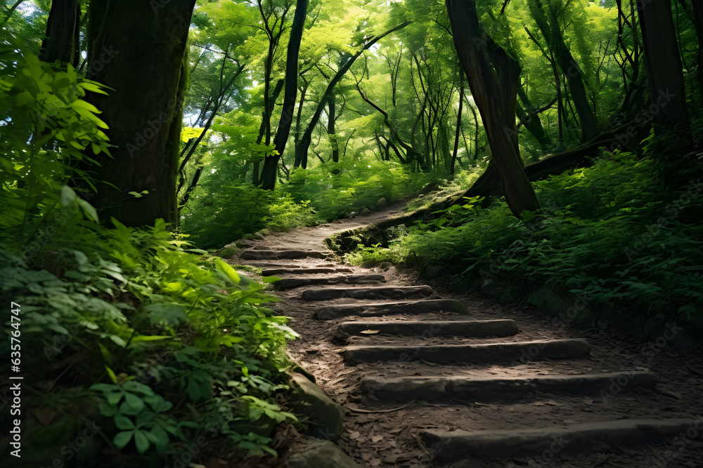 Peaceful Hiking Trail. Scenic Path through Lush Nature Peaceful Hiking Trail. Scenic Path through Lush Nature