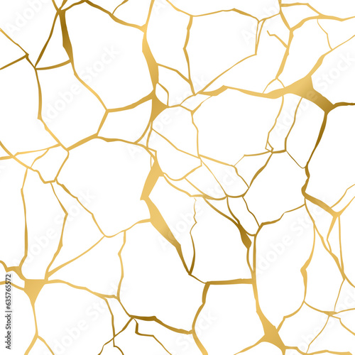 Gold kintsugi repair cracks background texture vector illustration isolated on white background. Broken foil marble pattern with golden dry cracks. Wedding card, cover or print pattern Japanese motif.