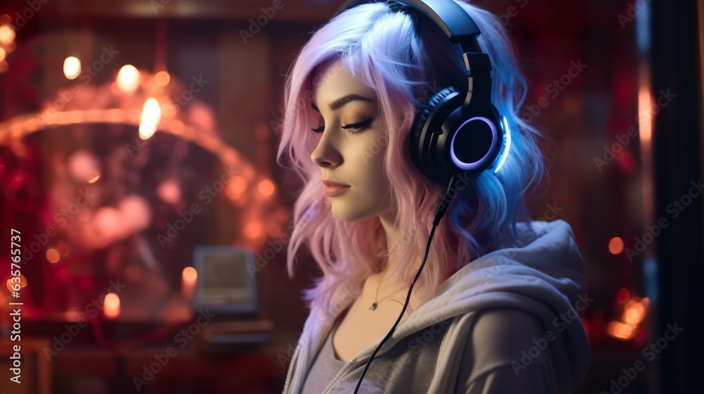 young stylish female with purple hair listening music in headphones, generative AI