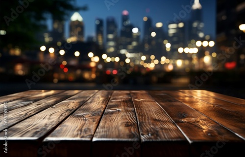 Nighttime urban scene Wooden table against blurred city building lights in darkness Generative AI