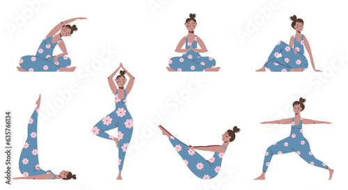 Vector set of cartoon young women in different yoga poses. Nice plump girl training in floral overalls.