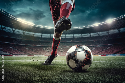football player kicks the ball at the football stadium. The concept of football. generative ai. © robertuzhbt89