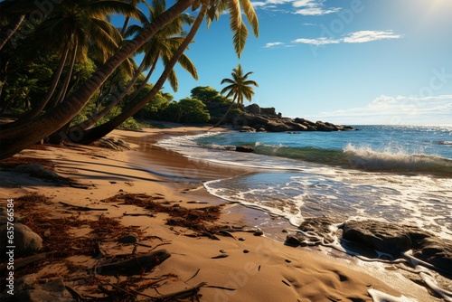 Palm paradise Sandy beach meets lush palms, the epitome of coastal beauty Generative AI