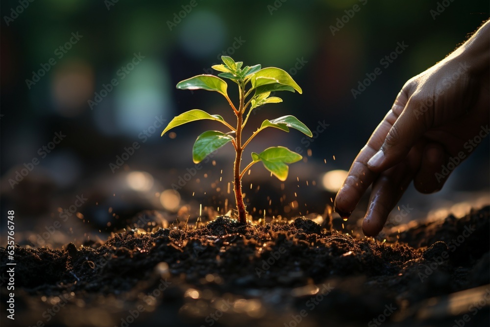 Fototapeta premium Planting ritual Hand adds soil on green bokeh, signifying growth or remembrance Generative AI