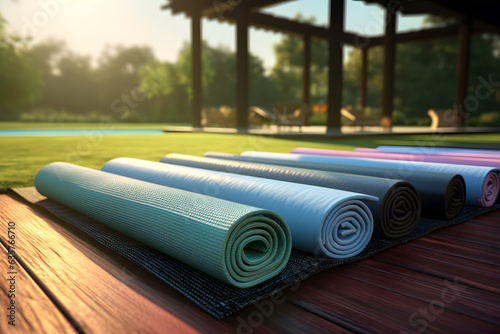 Serene Yoga Retreat. Empty Yoga Mats Spread out on a Peaceful Lawn
