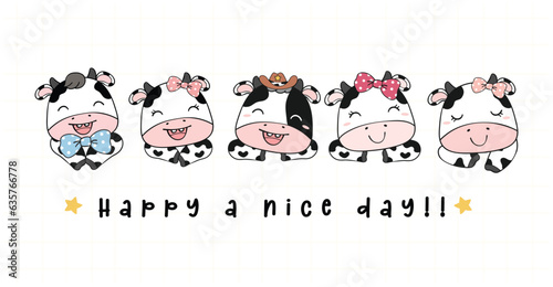 Group of Happy Cartoon Calf Friends. Cute Baby Cows in Playful Illustration banner.