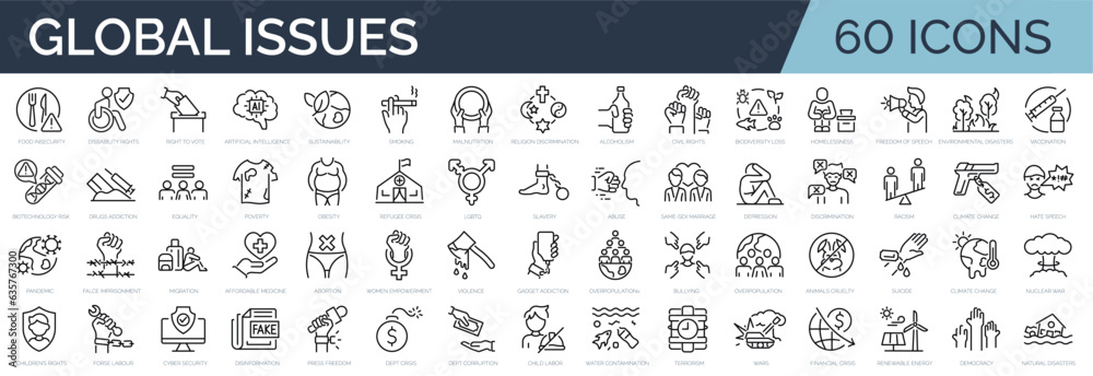 Set of 60 outline icons related to global issues, problems. Linear icon collection. Editable stroke. Vector illustration Set of 60 outline icons related to global issues, problems. Linear icon collection. Editable stroke. Vector illustration