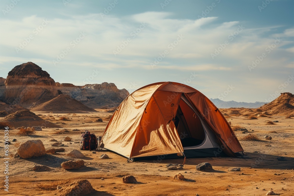 Sandy solitude Camping alone in barren desert, far from civilizations bustle Generative AI