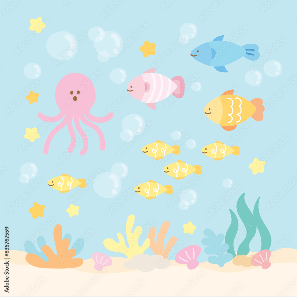 Illustration of sea lives such as octopus, fish, sea shell, starfish, coral reef, sand for under the sea background, aquarium, ocean, family trip, wallpaper, post card, vacation poster, travel, animal Illustration of sea lives such as octopus, fish, sea shell, starfish, coral reef, sand for under the sea background, aquarium, ocean, family trip, wallpaper, post card, vacation poster, travel, animal