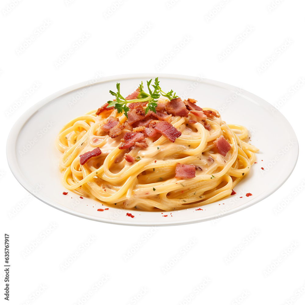Plate of Carbonara Pasta with Bacon on isolated transparent background, png Plate of Carbonara Pasta with Bacon on isolated transparent background, png