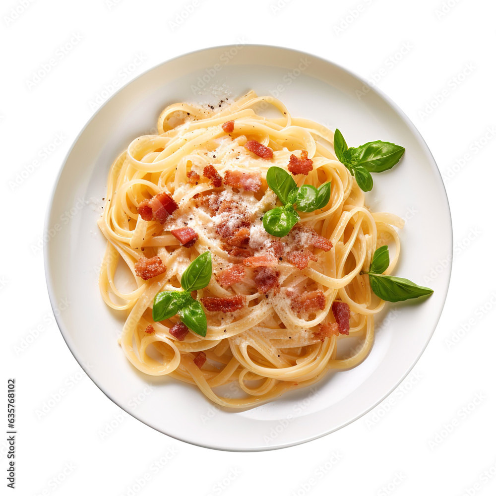 Plate of Carbonara Pasta with Bacon on isolated transparent background, png Plate of Carbonara Pasta with Bacon on isolated transparent background, png
