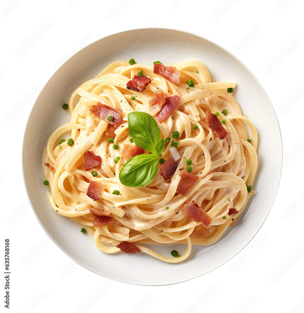Plate of Carbonara Pasta with Bacon on isolated transparent background, png