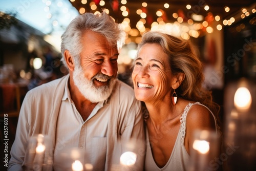  smiling elderly couple at dinner with lights on,