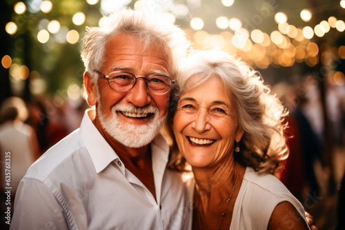  smiling elderly couple at dinner with lights on,