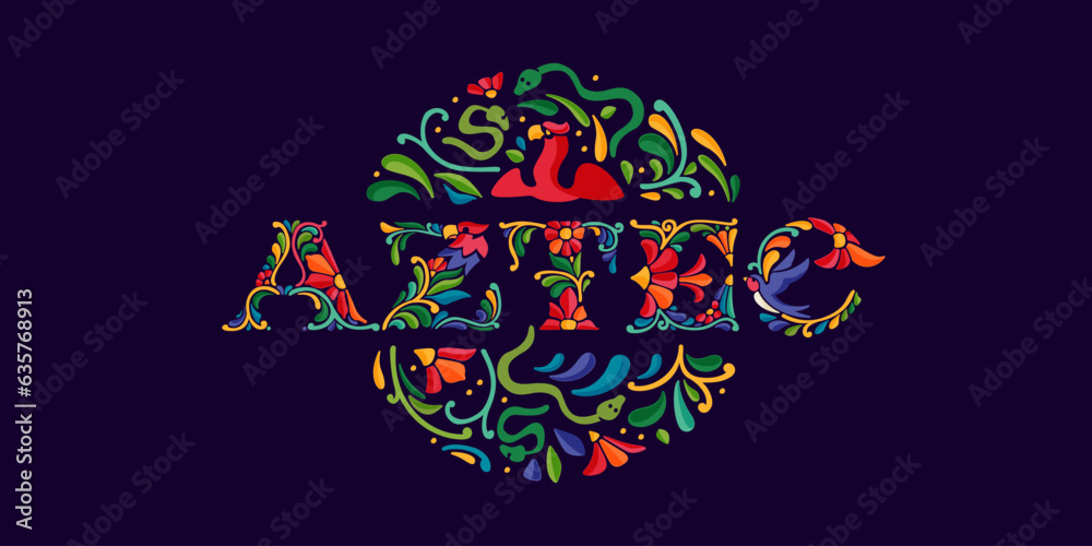 Aztec banner with Mexican colorful and ornate ethnic pattern. Traditional Aztec leaves and flowers embroidery ornament.