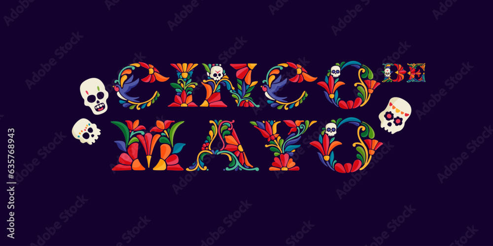 Cinco de Mayo emblem design with lettering with colorful and ornate ethnic pattern. - obrazy, fototapety, plakaty 