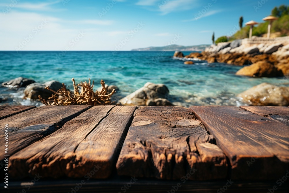 Seaside vignette Wooden table atop blurred sea island scene beneath clear blue sky Generative AI