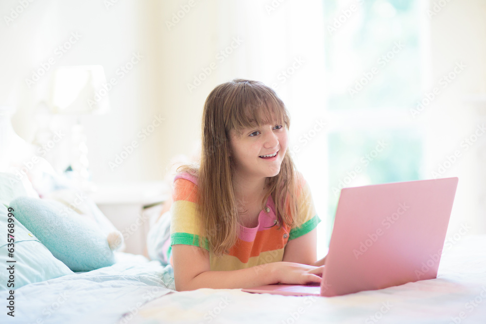 Teenager and computer. Girl chatting with friends. Teenager and computer. Girl chatting with friends.