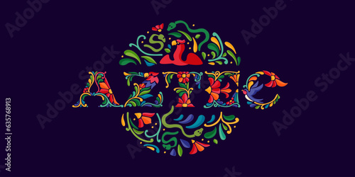 Aztec banner with Mexican colorful and ornate ethnic pattern. Traditional Aztec leaves and flowers embroidery ornament.