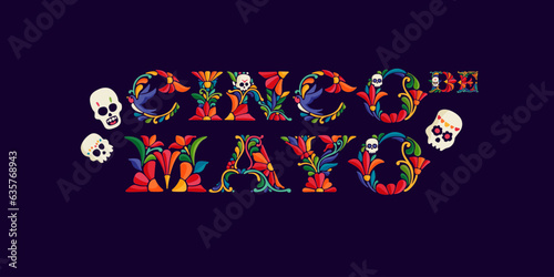 Cinco de Mayo emblem design with lettering with colorful and ornate ethnic pattern.