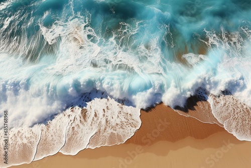 Seaside tranquility Soft wave graces sandy beach, captured from top view perspective Generative AI
