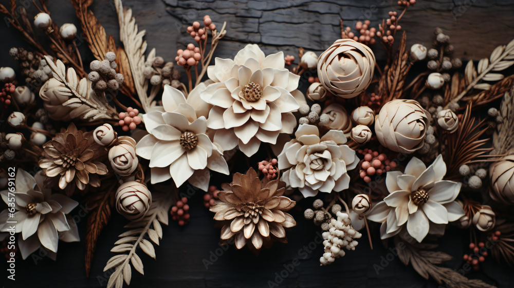 White and brown flower arrangement for festive occasions, generative AI