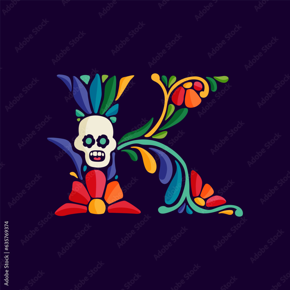 Letter K logo with Mexican colorful and ornate ethnic pattern. Traditional Aztec leaves and flowers embroidery ornament.