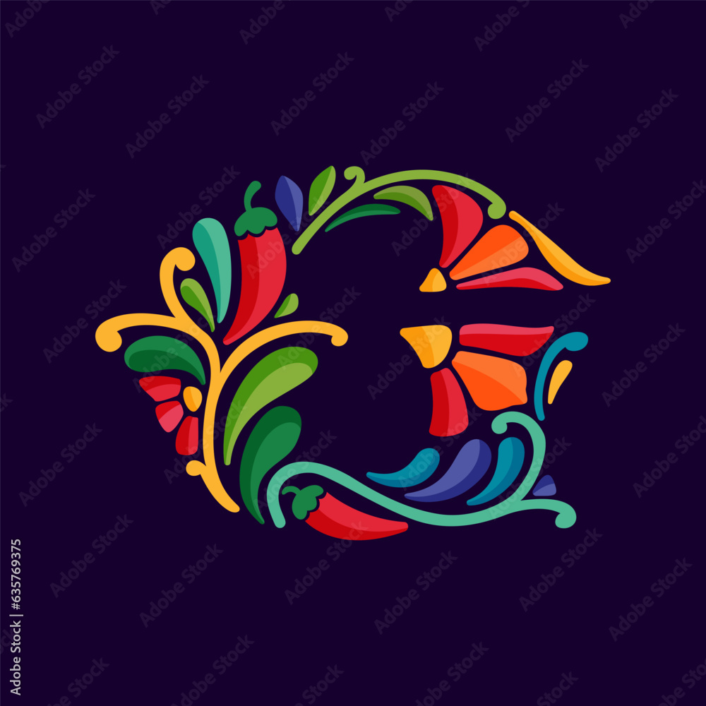Letter G logo with Mexican colorful and ornate ethnic pattern. Traditional Aztec leaves and flowers embroidery ornament.
