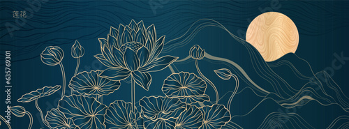 Prestigious night background with lotus flowers against the background of the mountains and the moon. The design motif with gold and blue colors.The inscription of the hieroglyph means "Lotus". 
