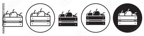 Harvest Wooden Box Icon. Symbol of farm crop harvest in container for cargo shipping of fruits and vegetable with packaging. Vector set collection of crate or basket of grocery item produce