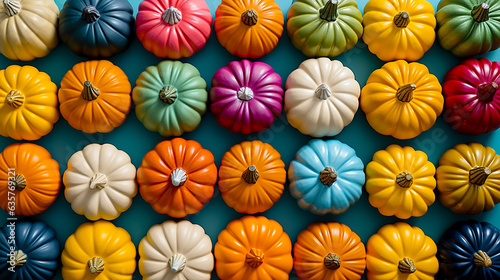 Assorted colorful plaster pumpkins for fall harvest