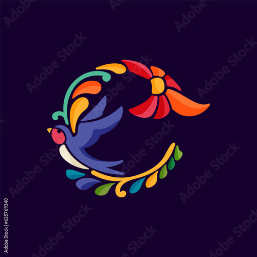 Letter C logo with Mexican colorful and ornate ethnic pattern. Traditional Aztec leaves and flowers embroidery ornament.
