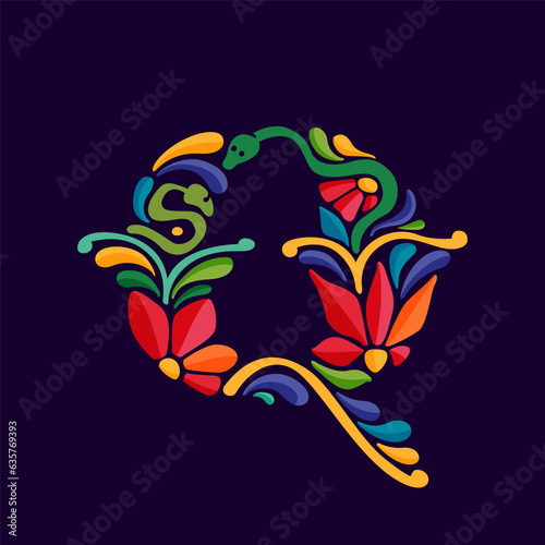 Letter Q logo with Mexican colorful and ornate ethnic pattern. Traditional Aztec leaves and flowers embroidery ornament.