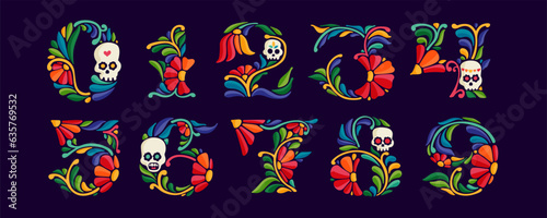 0 to 9 logo. Numbers set with Mexican colorful and ornate ethnic pattern. Traditional Aztec leaves and flowers embroidery ornament.