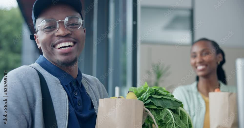 Black woman, bag and groceries, delivery man and e commerce, happy with courier person and shipping. Distribution, front door service and food shopping online, retail and supermarket discount Black woman, bag and groceries, delivery man and e commerce, happy with courier person and shipping. Distribution, front door service and food shopping online, retail and supermarket discount