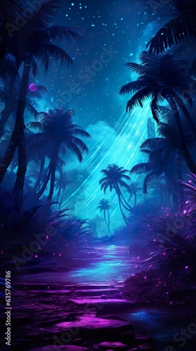 futuristic fantasy forest with purple, cyan, blue and pink trees, surreal palm park, generative AI