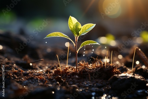 Soils nurturing embrace, close-up reveals a young plants journey towards sunlight Generative AI