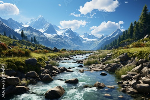 Spectacular vista, Mountains, lakes, and hiking trail natures marvels converge in picturesque landscape Generative AI