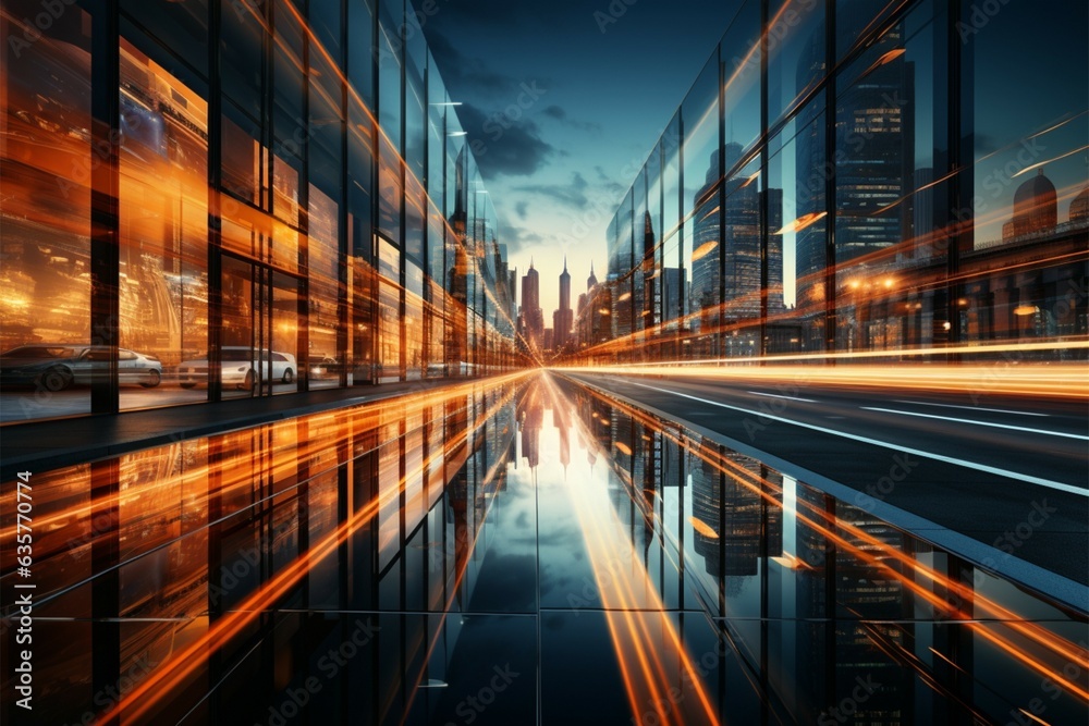 Fototapeta premium Stillness near glass building, blurred road hints at urban dynamism yet tranquility Generative AI