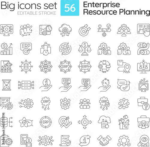 2D editable big icons set representing enterprise resource planning, isolated vector, black linear illustration.